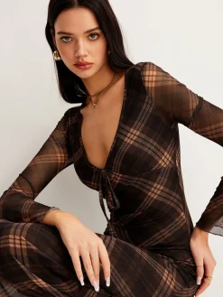 Checked Bell-Sleeve Mesh Dress