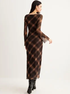 Checked Bell-Sleeve Mesh Dress