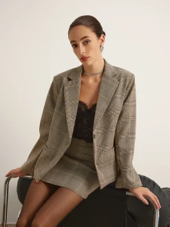 Checked Button Slit Blazer