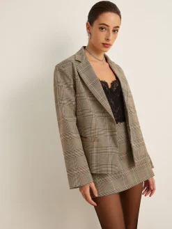 Checked Button Slit Blazer