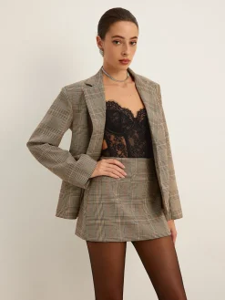 Checked Button Slit Blazer