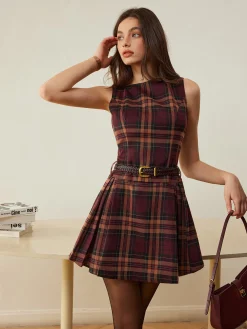Checked Pleated Tank Dress Without Belt