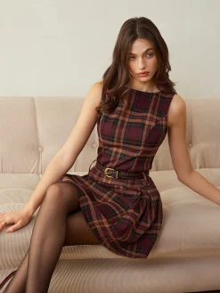Checked Pleated Tank Dress Without Belt