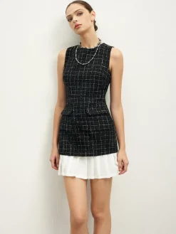 Checkered Tweed Panel Tank Dress