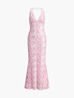 Cherry Blossom Halter Backless Long Dress