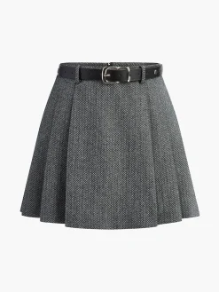 Chevron Belted Tweed Skirt