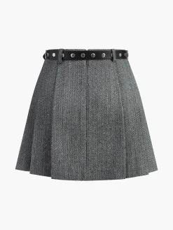 Chevron Belted Tweed Skirt
