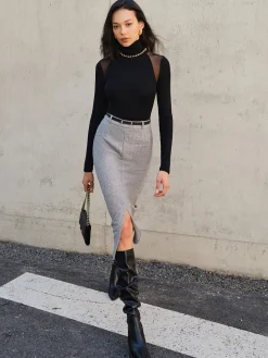 Chevron Split Midi Skirt Without Belt