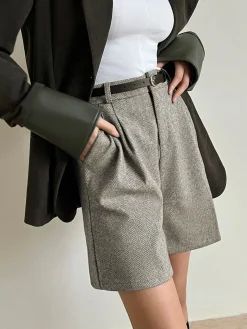 Chevron Tweed Belted Knee Shorts