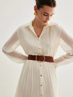 Chiffon Button Pleated Dress With Belt