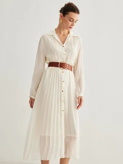 Chiffon Button Pleated Dress With Belt