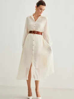 Chiffon Button Pleated Dress With Belt
