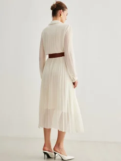 Chiffon Button Pleated Dress With Belt