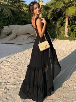 Chiffon High-Low Hem Cutout Long Dress