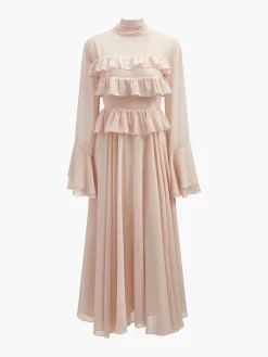 Chiffon Ruffle Tie-Neck Dress