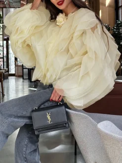 Chiffon Ruffled Crew Neck Blouse