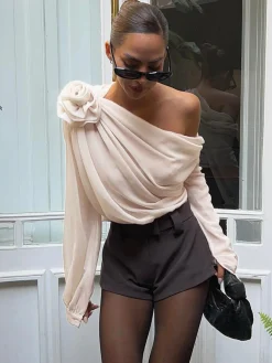 Chiffon Semi-sheer One Shoulder Asymmetrical Top