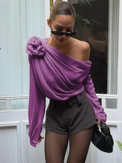 Chiffon Semi-sheer One Shoulder Asymmetrical Top