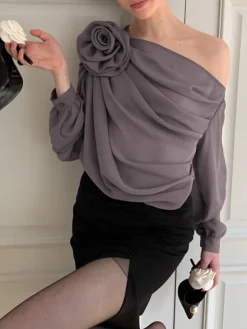 Chiffon Semi-sheer One Shoulder Asymmetrical Top