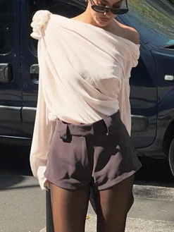 Chiffon Semi-sheer One Shoulder Asymmetrical Top