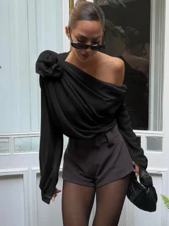 Chiffon Semi-sheer One Shoulder Asymmetrical Top