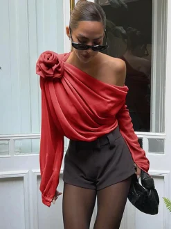 Chiffon Semi-sheer One Shoulder Asymmetrical Top