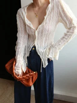 Chiffon Sheer Lettuce Trim Long Sleeve Shirt
