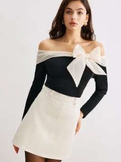 Chiffon-Bow Off-Shoulder Slim Blouse
