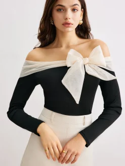 Chiffon-Bow Off-Shoulder Slim Blouse