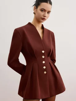 Cinched Pleated Blazer With Shoulder Pads