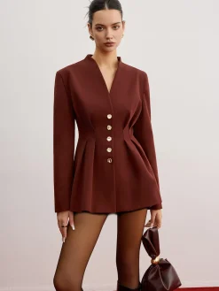 Cinched Pleated Blazer With Shoulder Pads