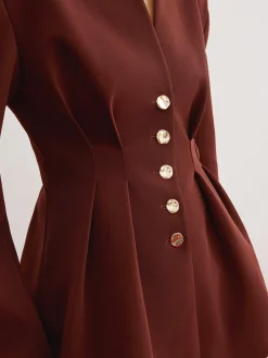 Cinched Pleated Blazer With Shoulder Pads