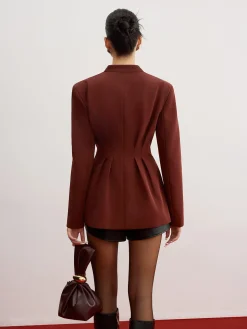 Cinched Pleated Blazer With Shoulder Pads