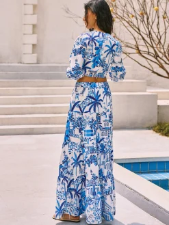 Cocoa Palm Print Boho Knotted Vacation Skirt Set