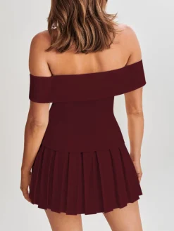 Cold Shoulder Blazer Top With Pleated Skirt Set