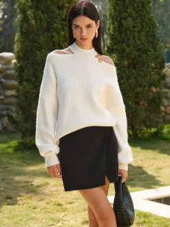 Cold-Shoulder Choker Shift Sweater
