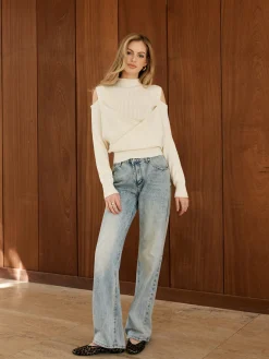 Cold-Shoulder Criss Cross Panel Sweater