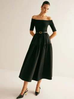Cold-Shoulder Panel Pleated Belted Dress