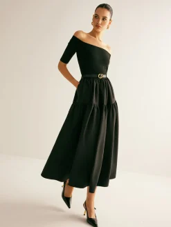 Cold-Shoulder Panel Pleated Belted Dress