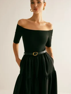 Cold-Shoulder Panel Pleated Belted Dress