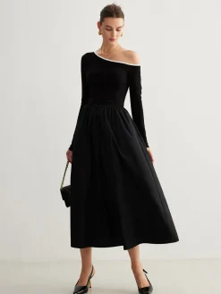 Cold-Shoulder Pockets Panel Dress Without Belt