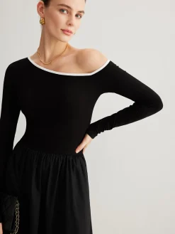 Cold-Shoulder Pockets Panel Dress Without Belt