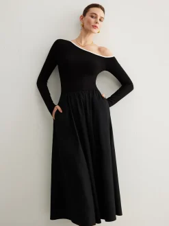Cold-Shoulder Pockets Panel Dress Without Belt