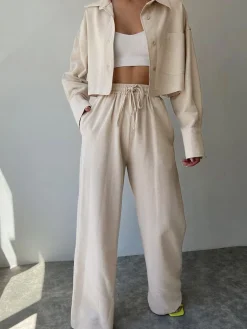 Collared Drawstring Two Piece Pants Set