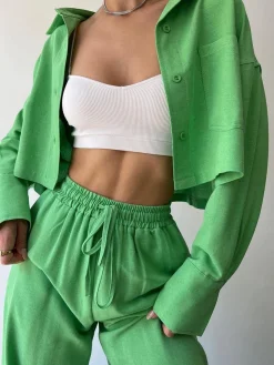 Collared Drawstring Two Piece Pants Set
