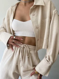 Collared Drawstring Two Piece Pants Set