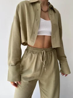 Collared Drawstring Two Piece Pants Set