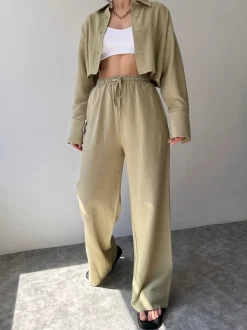 Collared Drawstring Two Piece Pants Set