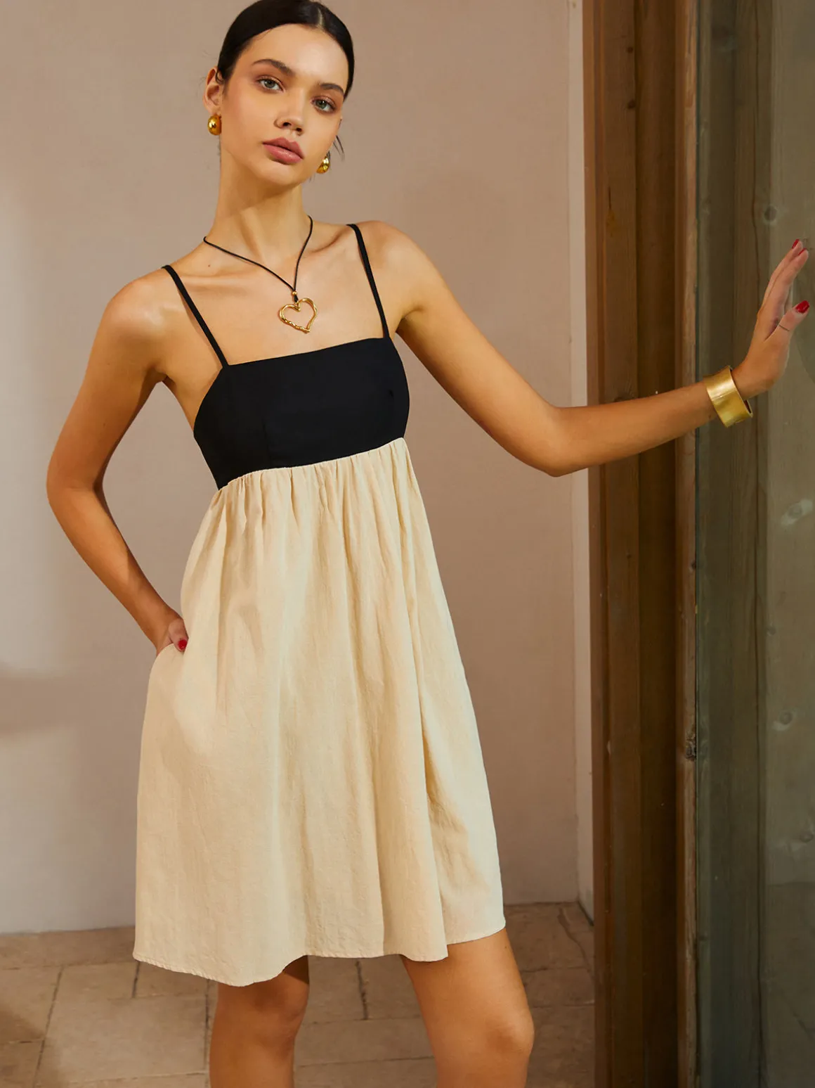 Color Block Backless Spaghetti Strap Short Dress