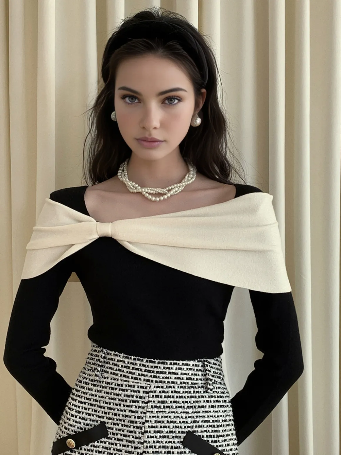 Color Block Bow Slim Sweater